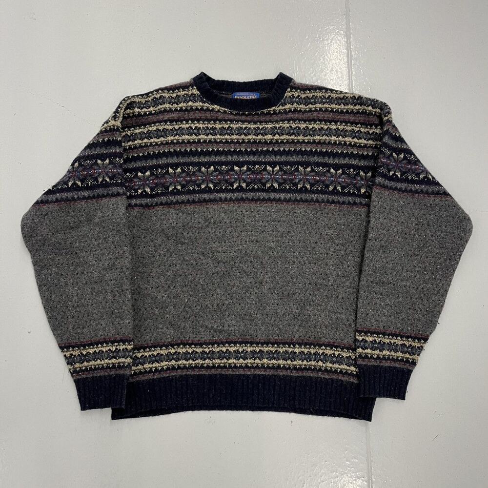 Vintage 90s Pendleton Grey Pattern Wool Sweater - image 1